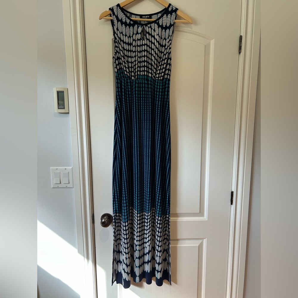 Blue and White Halter Sheath Maxi Dress